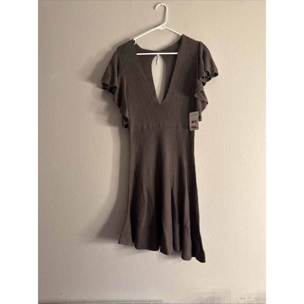 Free People Dark Grey Ruffle Sleeve V-Neck Knit Mini Dress OB502593 Size S NEW